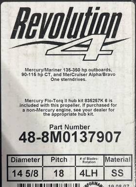 48-8m0137907 Mercury Revolutions 4 Blade 18p Lh Propeller