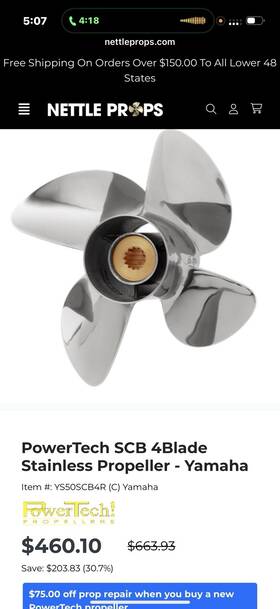 Scb4r13pys50 Powertech Scb 4blade Stainless Propeller - Yamaha 10 3/8 X 13