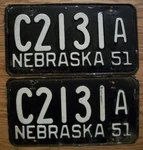 Matched Pair Of Nebraska License Plates - 1951 C2131A Cass County. Fixed Price $34.99.